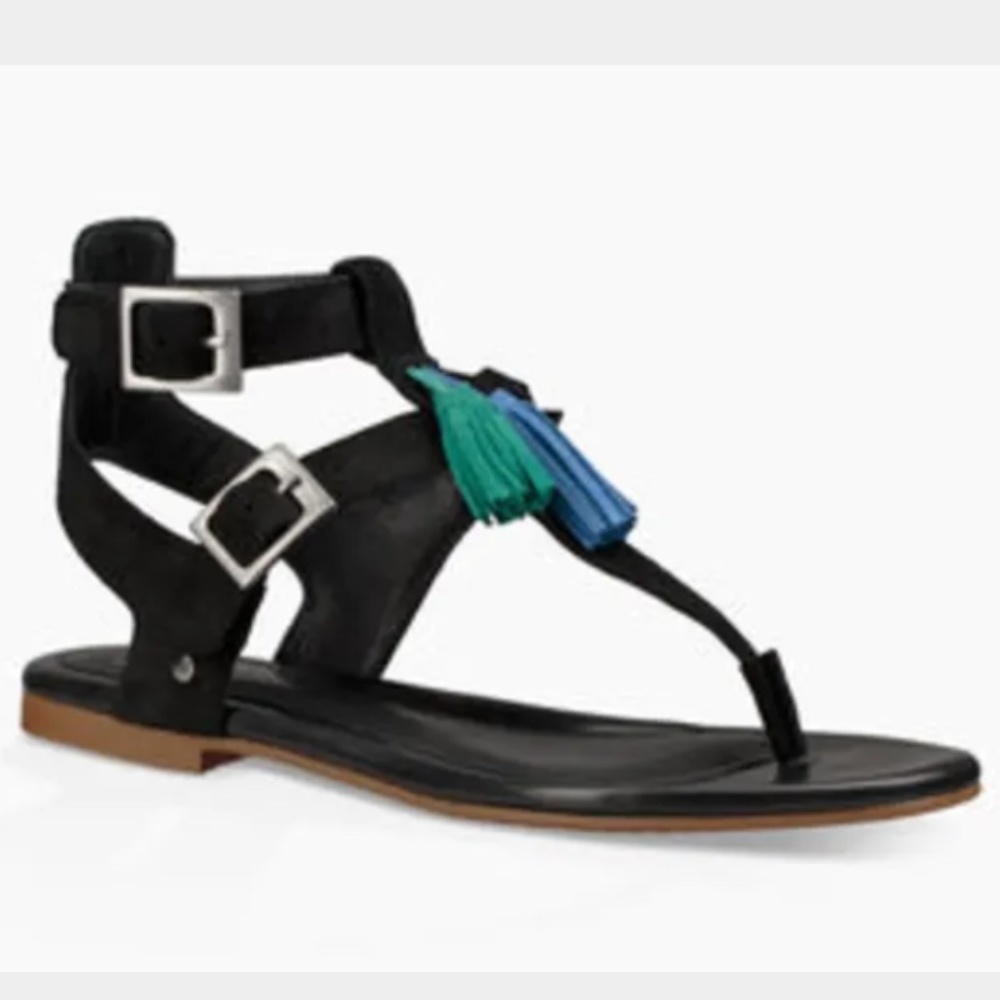 NIB $135 UGG Lecia Black Leather Ankle Wrap Sandal in size 7!
